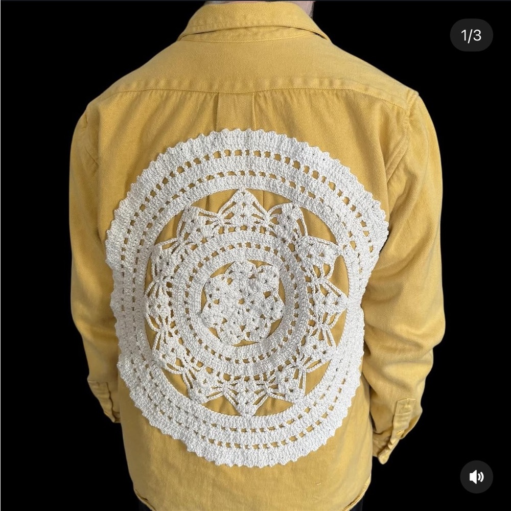 EKA Upcycled Yellow Jean Jacket with Handsewn Crochet Back